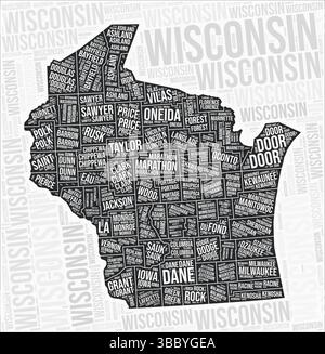 Wisconsin Countys Karte Wortwolke. Namen der Region Wisconsin. Schwarz-weiß-Kartendesign. Künstlerische Vektorillustration. Stock Vektor