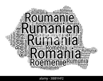Schwarz-weiß-Wortwolke in rumänischer Form. Einfache typografische Darstellung des Landes. Schwarze Textwolke aus Rumänien auf weißem Hintergrund. Stock Vektor