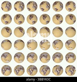 Sammlung von Erdkugeln. Schräge Kugelansicht. Rotationsschritt 10 Grad. Farbige Länder. Weltkarte mit Rasterlinien auf hellem Hintergrund. Stock Vektor