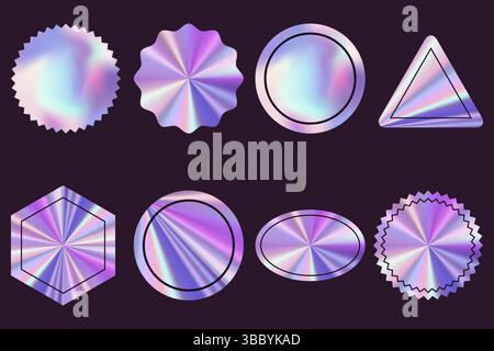 Glänzende holografische leere Etiketten oder Aufkleber in verschiedenen Formen. Vektor geometrische trendige Metallhintergründe. Abstrakte Hochglanzsymbole, Set mit Designelementen Stock Vektor