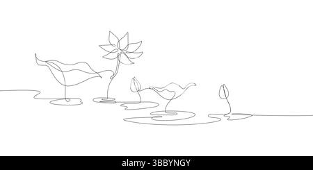 Durchgehend blühende Lotus Seerosen und Blatt Naturteich malerische eine Linie mit minimalistischer Kunst Stock Vektor