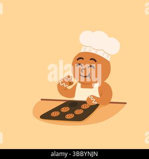 Lebkuchen-Man-Chef Genießt Frisch Gebackene Kekse. Vektorabbildung. Stock Vektor