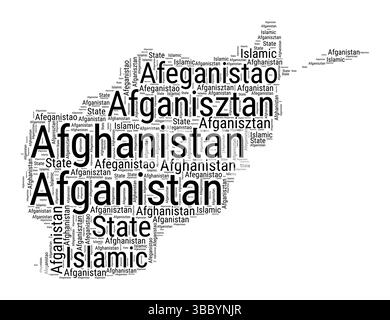 Schwarz-weiß-Wortwolke in afghanischer Form. Einfache typografische Darstellung des Landes. Schwarze Wolke aus Afghanistan auf weißem Hintergrund. Stock Vektor