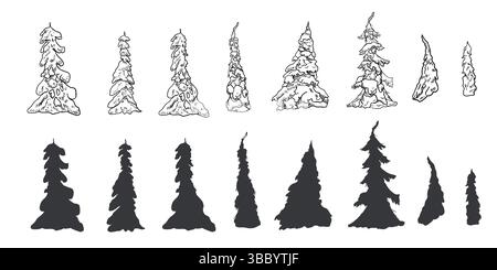 Schneebedeckte Kiefern Silhouette Hand gezeichnet schwarz-weiß Vektor Set Illustration. Waldklipart aus Tanne, Fichte in Schwarzweiß für Weihnachtskarte Stock Vektor