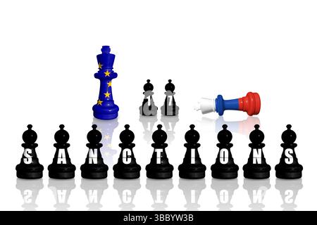 Sanktionen und Embargo der Europäischen Union für russischen Krieg und Aggression in der Ukraine. Schach aus Fahnen der EU und Russlands. 17 Sanktionspaket Stockfoto