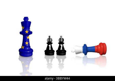 Sanktionen und Embargo der Europäischen Union für russischen Krieg und Aggression in der Ukraine. Schach aus Fahnen der EU und Russlands. 17 Sanktionspaket Stockfoto