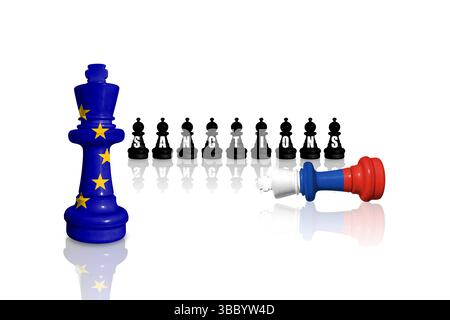 Sanktionen und Embargo der Europäischen Union für russischen Krieg und Aggression in der Ukraine. Schach aus Fahnen der EU und Russlands. Sanktionspaket Stockfoto