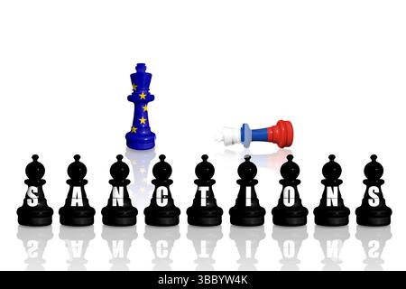 Sanktionen und Embargo der Europäischen Union für russischen Krieg und Aggression in der Ukraine. Schach aus Fahnen der EU und Russlands. Stockfoto