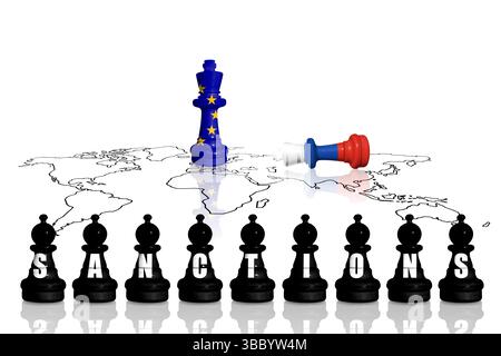 Sanktionen und Embargo der Europäischen Union für russischen Krieg und Aggression in der Ukraine. Schach aus Fahnen der EU und Russlands. Stockfoto