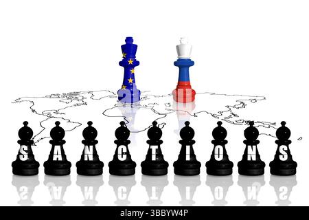 Sanktionen und Embargo der Europäischen Union für russischen Krieg und Aggression in der Ukraine. Schach aus Fahnen der EU und Russlands. Stockfoto