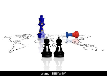 Sanktionen und Embargo der Europäischen Union für russischen Krieg und Aggression in der Ukraine. Schach aus Fahnen der EU und Russlands. 17 Sanktionspaket Stockfoto