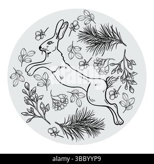 Winterlicher runder Clipart mit Kaninchen, vogelbeeren und Tannenzweigen, schwarzer weißer Strichgrafik. Handgezeichnete Waldtiere, botanische Elemente für Stock Vektor
