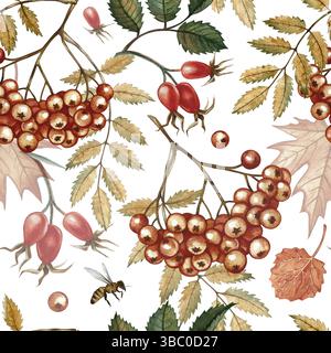 Nahtloses Herbstmuster mit Eberesche und verschiedenen floralen Herbstelementen. Handgemachte Aquarellillustration. Farbbild. Für Verpackung, Dekor, Textur Stockfoto
