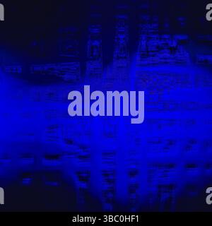 Tiefblaue Glitch-Textur – abstrakter digitaler Hintergrund mit dunklem Matrix-ähnlichem Raster und Neonlicht Stockfoto