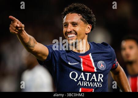 Paris, Frankreich. Mai 2025. MARQUINHOS von PSG feiert sein Tor beim französischen Meisterschaftsspiel der Ligue 1 zwischen Paris Saint-Germain und AJ Auxerre am 17. Mai 2025 im Parc des Princes Stadion in Paris, Frankreich - Foto Matthieu Mirville/DPPI Credit: DPPI Media/Alamy Live News Stockfoto