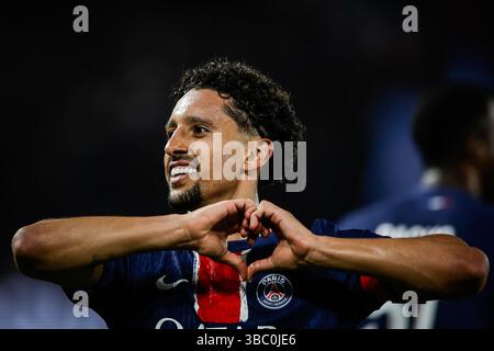 Paris, Frankreich. Mai 2025. MARQUINHOS von PSG feiert sein Tor beim französischen Meisterschaftsspiel der Ligue 1 zwischen Paris Saint-Germain und AJ Auxerre am 17. Mai 2025 im Parc des Princes Stadion in Paris, Frankreich - Foto Matthieu Mirville/DPPI Credit: DPPI Media/Alamy Live News Stockfoto