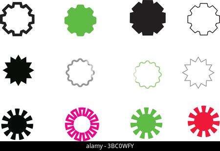 Stachelige Starburst-Form-Symbole Vektor abstrakte Label- oder Badge-Elemente in mehreren Farben. Stock Vektor