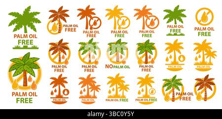 Palmöl-frei, ohne Kokos-Transfettdiät-Produkt, gekreuzte tropische Baumpflanze mit Flüssigkeitstropfen. Gesunde Ernährung. Symbol ohne Margarine-Zutaten Stock Vektor