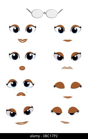 Niedliche Gesichtsausdrücke von Augen und Mund für Web- und Zeichentrickfiguren. Stock Vektor