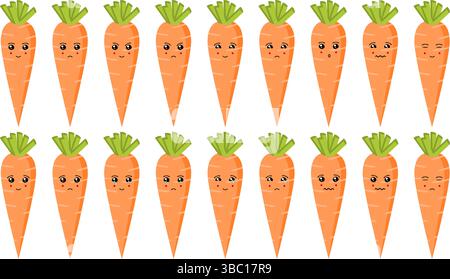 Süßes Obst- und Gemüseemoji-Set mit Karotten für Web- und Zeichentrickfiguren. Stock Vektor