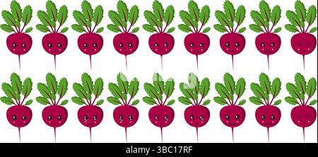 Süßes Obst- und Gemüseemoji-Set mit Roten Bete für Web- und Zeichentrickfiguren. Stock Vektor