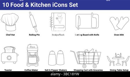 10 Symbole für Lebensmittel und Küche eingestellt Stock Vektor