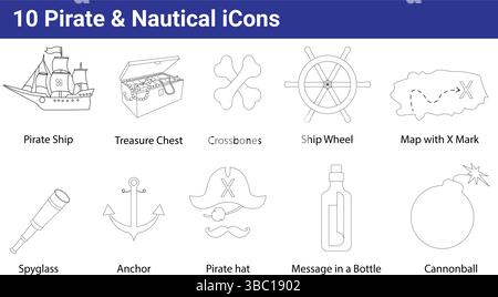10 Symbole für Piraten und nautische Symbole Stock Vektor