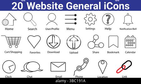 20 allgemeine Symbole auf der Website Stock Vektor
