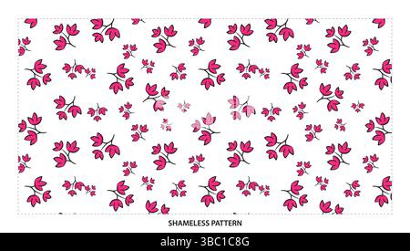 Einfaches nahtloses Muster mit rosafarbenen Blüten und Blättern für zarte Blumendesigns Stock Vektor