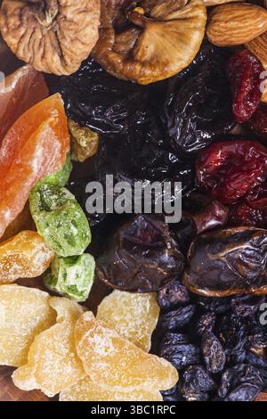 Trockene Früchte, Nahaufnahme, Ansicht von oben als Hintergrund Stockfoto