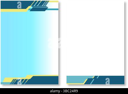Zwei abstrakte Briefkopfmotive mit modernen Seitenvorlagen mit abstrakten geometrischen Mustern in Blau und Gelb. Einer hat einen hellblauen Hintergrund mit Farbverlauf. Stock Vektor