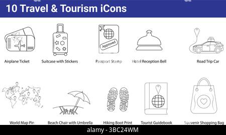 10 Symbole für Reise- und Tourismuslinien für Urlaubs- und Reisegrafiken Stock Vektor