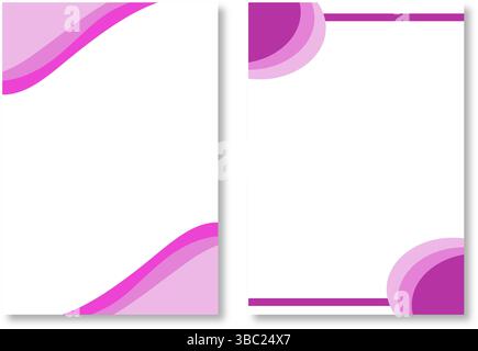 Zwei abstrakte Briefkopfmotive, stilvolle Seitenvorlagen mit elegantem rosa und lila Wellenmotiv und runden Eckmotiven auf weiß. Modern und attraktiv Stock Vektor