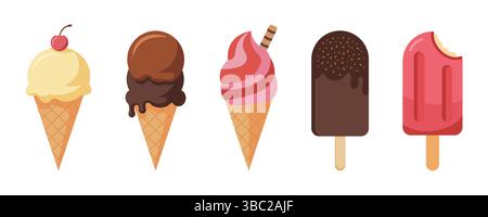 Eis buntes Vektor-Set. Sommereiskegel und Waffelkegel auf weißem Hintergrund Stock Vektor
