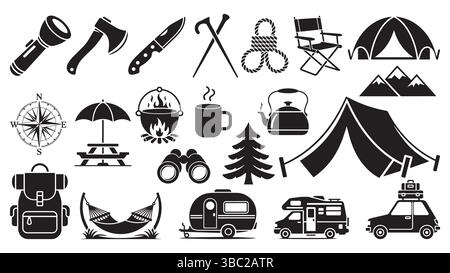 Camping Wandern und Outdoor Abenteuer Ausrüstung Silhouette Icon Set, Vektor Illustration Stock Vektor