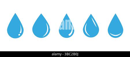 Blauer Wassertropfenvektor in flacher Art, mit verschiedenen Tropfenformen, die Wasser oder Öl ähneln, isoliert auf weißem Hintergrund Stock Vektor
