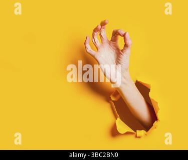 Hand macht eine gute Geste durch Löcher auf gelbem Hintergrund. Weibliche Hand macht OK-Zeichen. Leerzeichen für Text Stockfoto