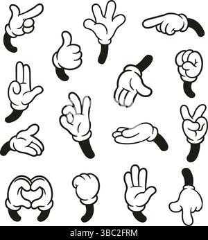 Illustrationsset im Retro-Zeichentrickstil mit 15 ausdrucksstarken Handgesten. Jede Hand ist mit auffälligen Umrissen, weißen Handschuhen und Vintage-Charakter gezeichnet Stock Vektor