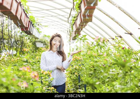Die schöne Frau posiert in einem Gewächshaus mit wunderbaren Alstroemeria-Blüten Stockfoto