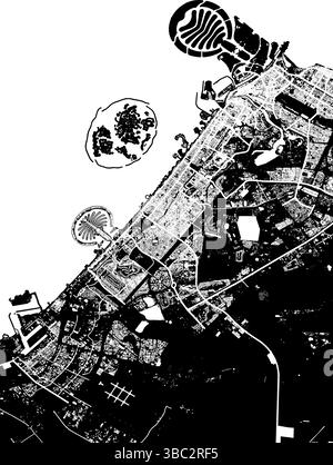Vektor-Stadtplan von Dubai, Vereinigte Arabische Emirate – schwarz-weiße Straßen- und Gebäudelayout Stock Vektor