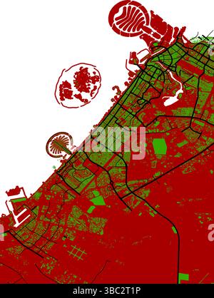 Vektor-Stadtplan von Dubai, den Vereinigten Arabischen Emiraten rot-grün-schwarz-weiß Straßen- und Gebäudelayout Stock Vektor