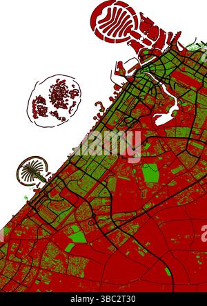 Vektor-Stadtplan von Dubai, Vereinigte Arabische Emirate rot-grün-schwarz-weiß 2 Straßen und Gebäudelayout Stock Vektor