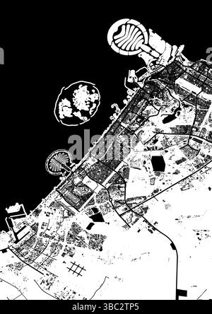 Vektor-Stadtplan von Dubai, Vereinigte Arabische Emirate – schwarz-weiße Straßen- und Gebäudelayout Stock Vektor