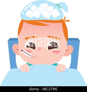 Krankes Baby im Bett mit Fieber – Eispackung und Thermometer-Zeichentrickillustration Stock Vektor