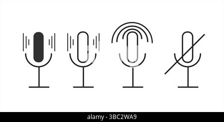 Vektorsatz mit Symbolen für Podcasts und Audioaufzeichnungen mit bearbeitbarem Strichstil – Mikrofon, Wiedergabe, Pause, Ton und mehr Stock Vektor