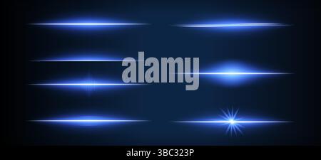 Acht blaue horizontale Objektivlichter leuchten mit unterschiedlichen Lichteffekten auf dunklem Hintergrund und schaffen eine futuristische und technologische Atmosphäre Stock Vektor