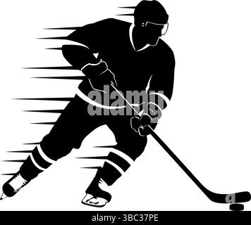 Dynamische Eishockeyspieler-Silhouette in Bewegung – Schwarz-weiß-Vektor-Illustration Stock Vektor