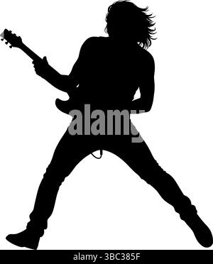 Energiegeladener Gitarrist Silhouette springt mit E-Gitarre auf transparentem Hintergrund Stock Vektor