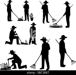 Gärtner Silhouette Vektor Set – Männer und Frauen Gartenarbeit in verschiedenen Posen. Sammlung von Gartenfiguren mit Werkzeugen und Pflanzen Stock Vektor