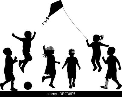 Kinder, Die Silhouette Spielen. Die Silhouette von Kindern, die mit Kite und Ball im Freien spielen – ein lustiger und freudiger Moment in der Kindheit Stock Vektor